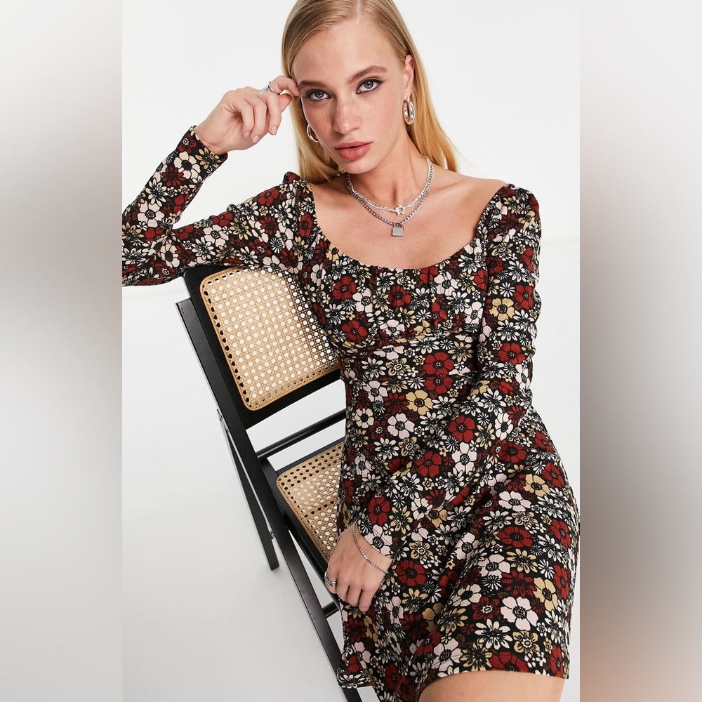 Topshop 70s Floral Long Sleeve A-Line Dress